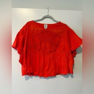 Maeve Bright Red Embroidered Flutter Sleeve Blouse